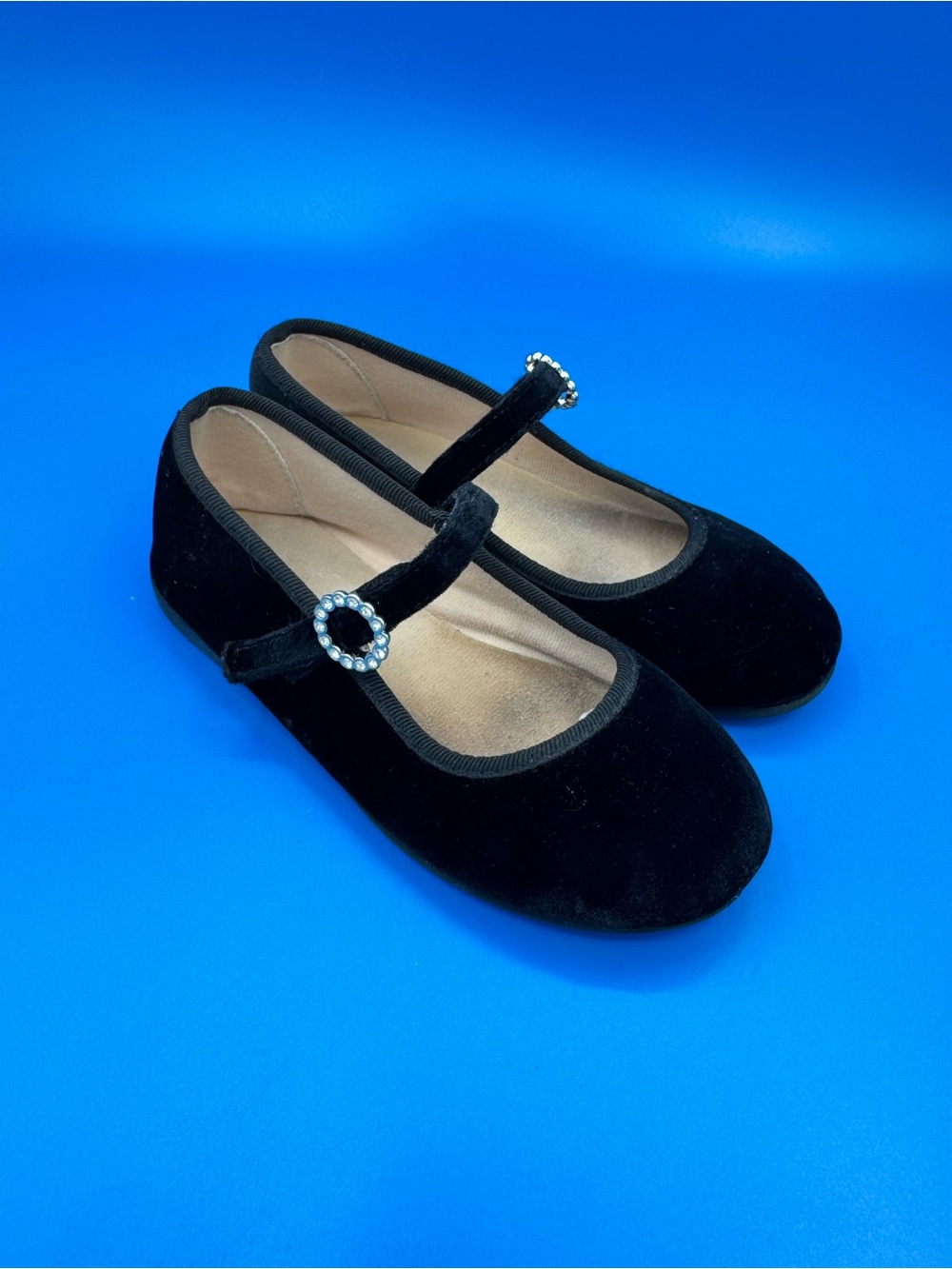 Childrenchic Black Velvet Mary Jane Flats with Gem Accent